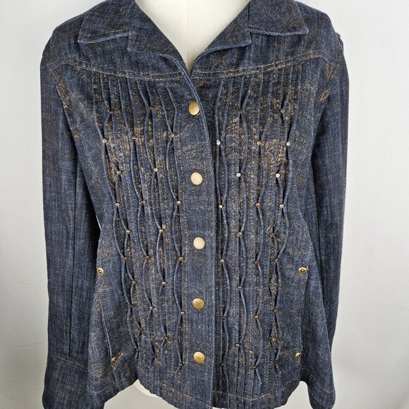 Coldwater Creek Jacket Size 16 Pintucked Blue Denim Snap Front Metallic Gold - Picture 2 of 11